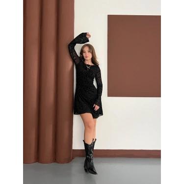 Desenli İspanyol Kol Mini Elbise Siyah