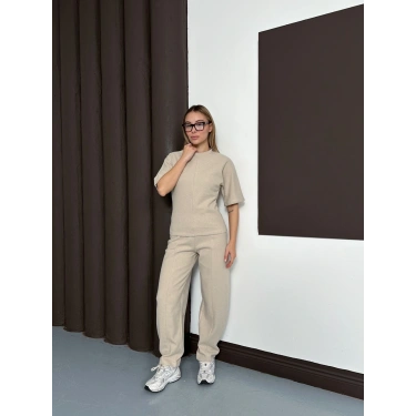 Desenli Modal İkili Set Takım Bej