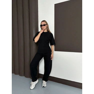 Desenli Modal İkili Set Takım Siyah