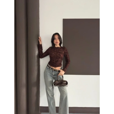 Desenli Transparan Bluz Acı Kahve