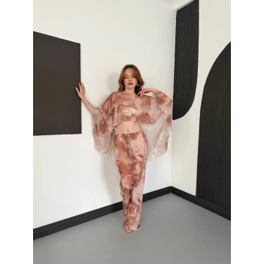 Dijital Baskı Asimetrik Bikini Üstü Takım Bej