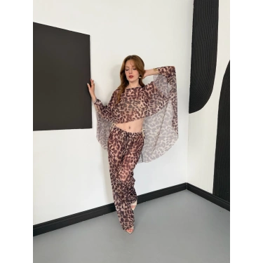 Dijital Baskı Asimetrik Bikini Üstü Takım Leopar
