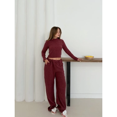 Dik Yaka Pantolonlu Takım Bordo