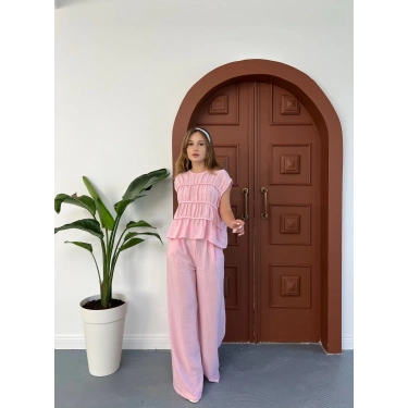 Dikiş Detaylı Sıfır Kol Keten Takım Pembe