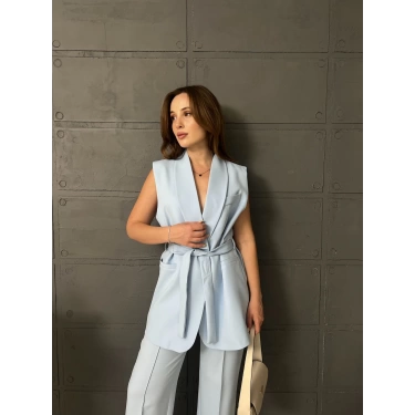 Double Kumaş Bel Kuşaklı Takım Bebe Mavi