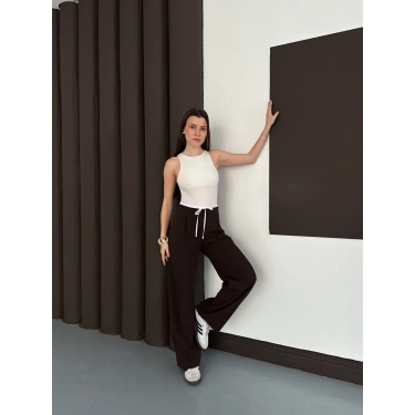 Double Kumaş Bol Paça Pantolon Acı Kahve