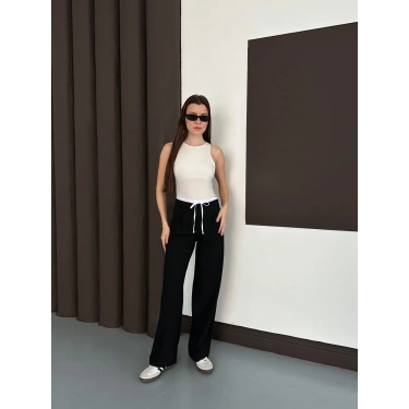 Double Kumaş Bol Paça Pantolon Siyah