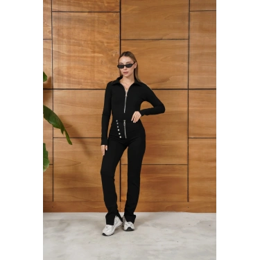 Düğme Detay Fermuarlı Paça Yırtmaçlı Pantolon