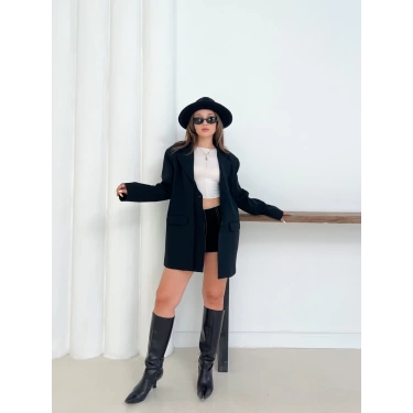 Düğme Detay Kruvaze Yaka Blazer Ceket Siyah