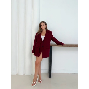 Düğme Detay Kruvaze Yaka Blazer Ceket Kırmızı