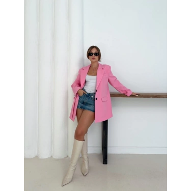 Düğme Detay Kruvaze Yaka Blazer Ceket Pembe