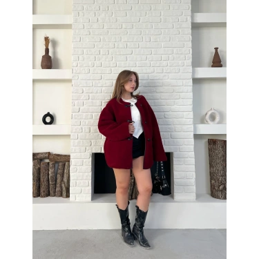 Düğme Detay Teddy Oversize Ceket Bordo