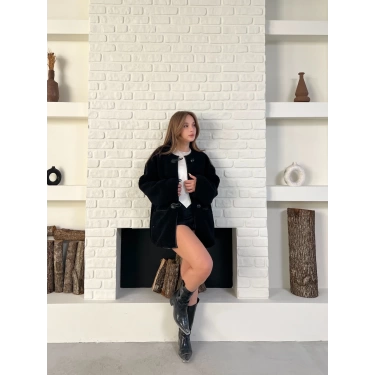 Düğme Detay Teddy Oversize Ceket Siyah