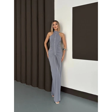 Düğme Detaylı C Yaka Uzun Elbise Gri