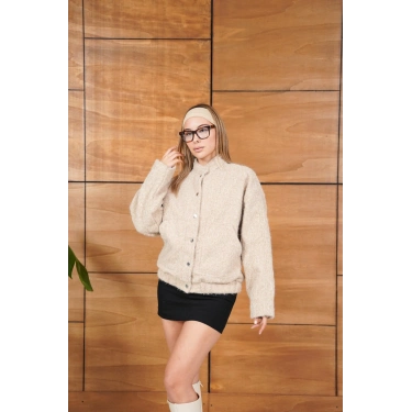 Düğme Detaylı Cepli Bomber Kaşe Ceket Bej