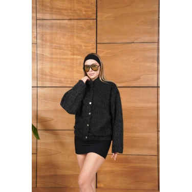 Düğme Detaylı Cepli Bomber Kaşe Ceket Siyah