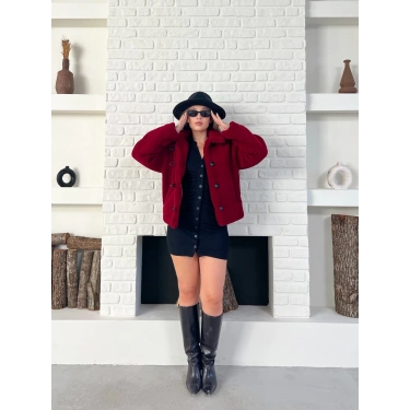 Düğme Detaylı Cepli Peluş Kaban Bordo