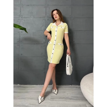 Düğme Detaylı Gömlek Yaka Elbise Sarı