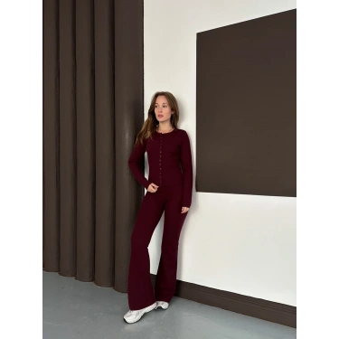 Düğme Detaylı İspanyol Paça İkili Set Bordo
