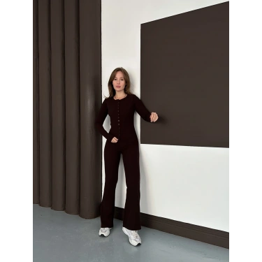 Düğme Detaylı İspanyol Paça İkili Set Kahverengi