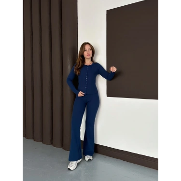 Düğme Detaylı İspanyol Paça İkili Set Lacivert