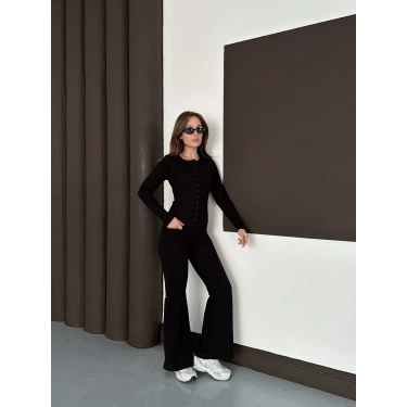 Düğme Detaylı İspanyol Paça İkili Set Siyah