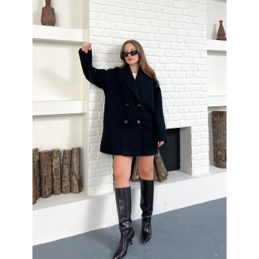 Düğme Detaylı Kaşe Ceket Siyah