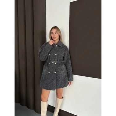 Düğme Detaylı Kemerli Tüylü Kumaş Kaban Antrasit