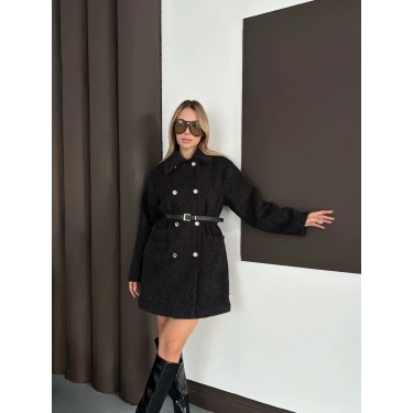 Düğme Detaylı Kemerli Tüylü Kumaş Kaban Siyah