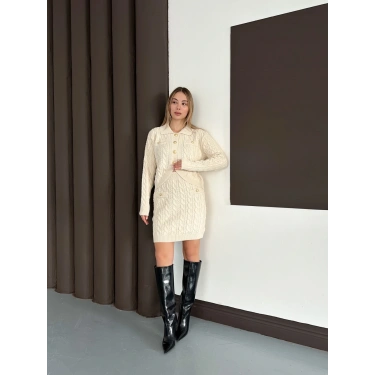 Düğme Detaylı Örgü Triko Takım Krem