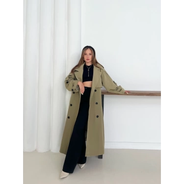 Düğme Detaylı Oversize Trençkot Haki