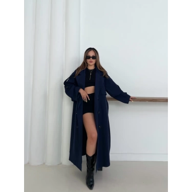 Düğme Detaylı Oversize Trençkot Lacivert