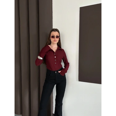 Düğme Detaylı Parmak Geçmeli Bluz Bordo