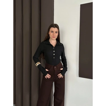 Düğme Detaylı Parmak Geçmeli Bluz Siyah