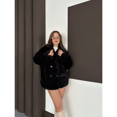 Düğme Detaylı Peluş Kürk Siyah