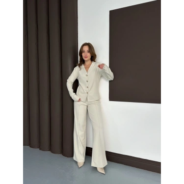 Düğme Detaylı Selanik Kumaş İkili Takım Bej