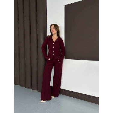 Düğme Detaylı Selanik Kumaş İkili Takım Bordo