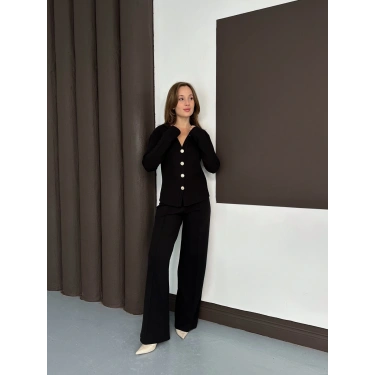 Düğme Detaylı Selanik Kumaş İkili Takım Siyah