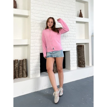 Düğme Detaylı Yumoş Hırka Pembe