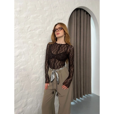 Düğmeli Transparan Bluz Acı Kahve