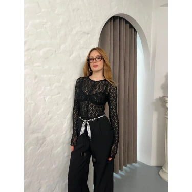 Düğmeli Transparan Bluz Siyah