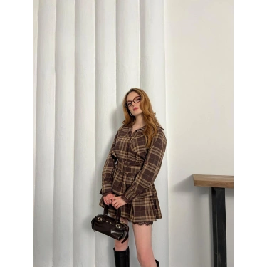 Ekose Kemer Detaylı Mini Elbise Kahve