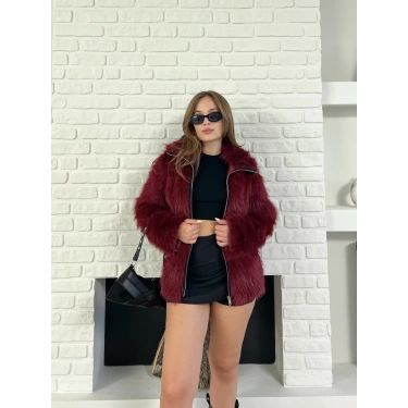 Fermuar Detaylı Velura Kürk Bordo