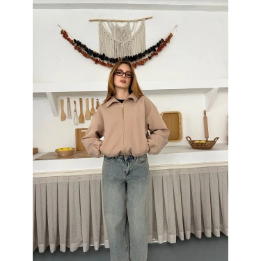 Fermuarlı Bomber Kaşe Ceket Bej