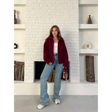 Fermuarlı Kaşe Kısa Ceket Bordo
