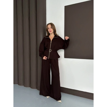 Fermuarlı Kemer Detaylı İkili Takım Acı Kahve