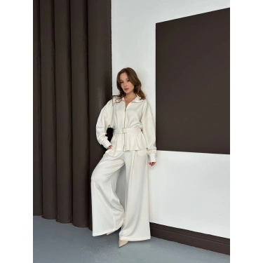 Fermuarlı Kemer Detaylı İkili Takım Beyaz