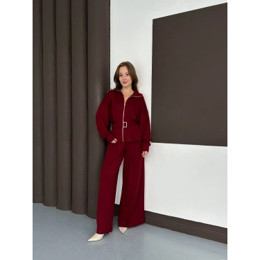 Fermuarlı Kemer Detaylı İkili Takım Bordo