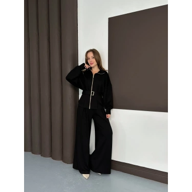 Fermuarlı Kemer Detaylı İkili Takım Siyah