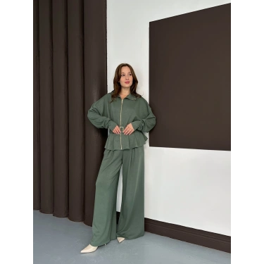 Fermuarlı Kemer Detaylı İkili Takım Yeşil